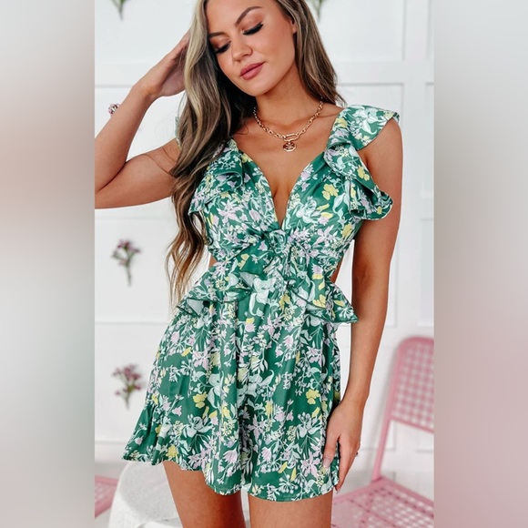 Peach Love California Green and White Floral Romper - Picture 1 of 9
